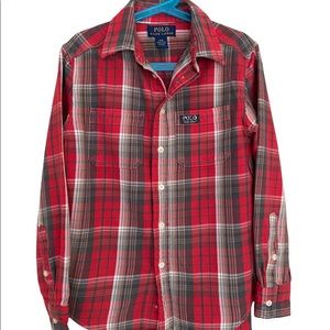 Ralph Lauren Boys Button Down Red Green Plaid Flannel Shirt-EUC- Size Small